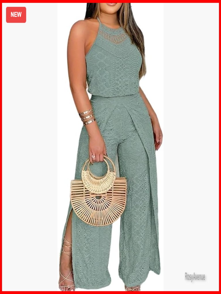 Women's Eyelet Halter Neck Wide Leg Jumpsuit With Side Slit Pull On